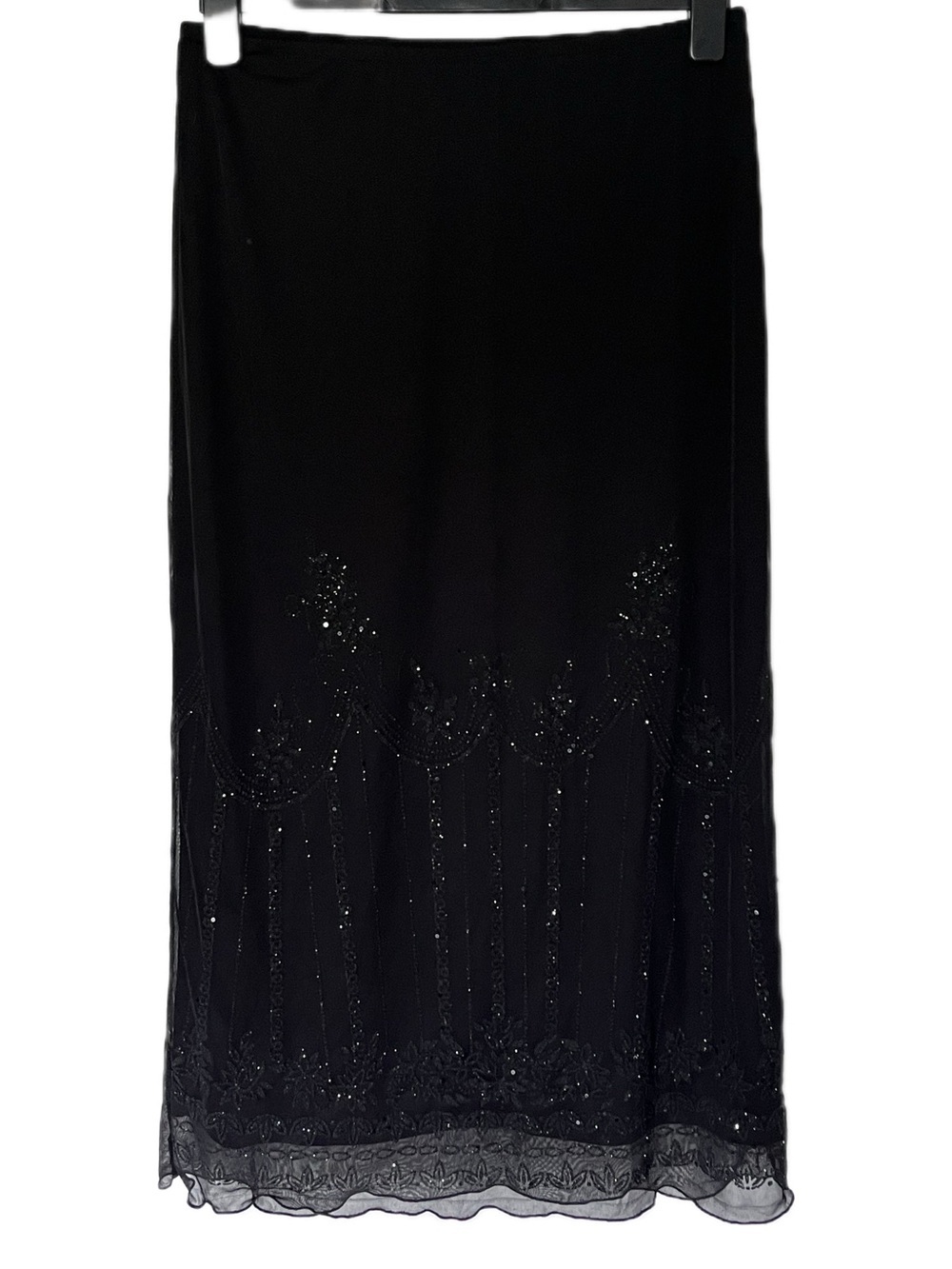 🇨🇦 Vintage 90s Black Maxi Sheer Skirt Mesh Overlay Romantic Goth Glittery Detail